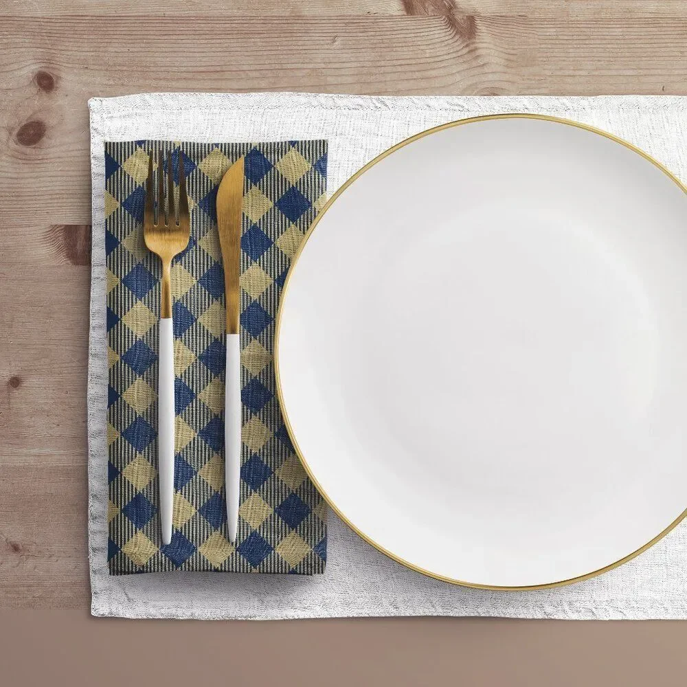 NWT Porter Anna- Navy & Gold Cotton Napkin 8-set, Gingham